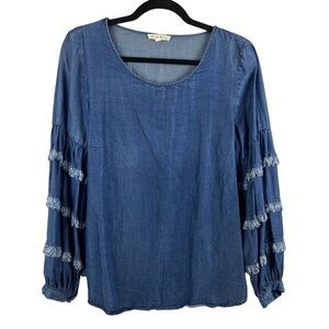 JANE & Delancey Chambray Lyocell Boho Tiered Fringe Sleeves Top Medium